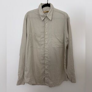 Donna Karan Signature 100% Linen Men’s Beige Botton-Down Long-sleeve Shirt M